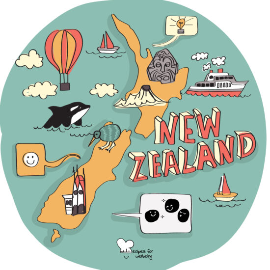 Illustration of a map of New Zealand with a few icons (such as a hot air balloon, a ferry, a sailing boat, a vulcano, etc.). © Recipes for Wellbeing