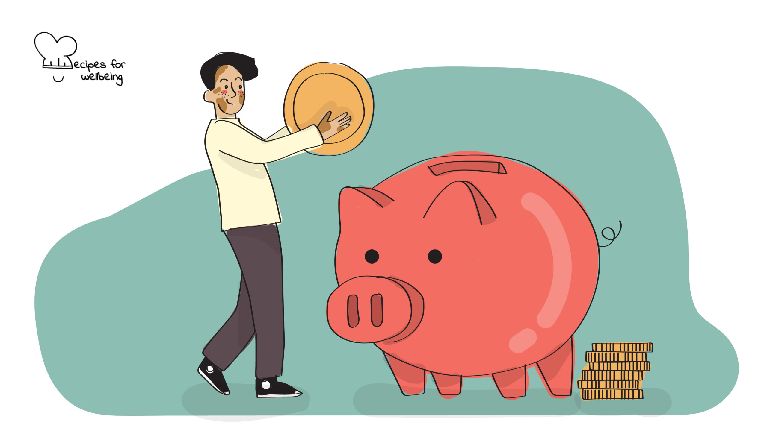 Illustration of a person putting a coin in a huge piggy bank. © Recipes for Wellbeing