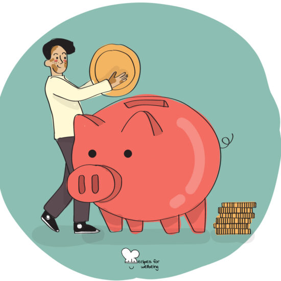 Illustration of a person putting a coin in a huge piggy bank. © Recipes for Wellbeing