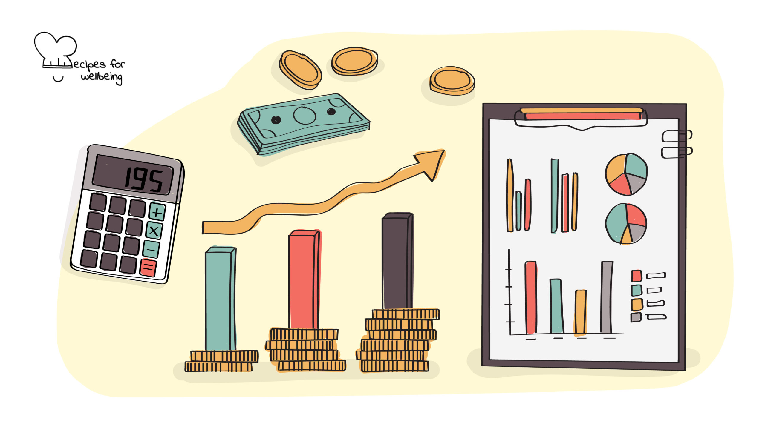 Illustration of icons connected to economics, such as banknotes and coins and a paper with various graphs and charts. © Recipes for Wellbeing