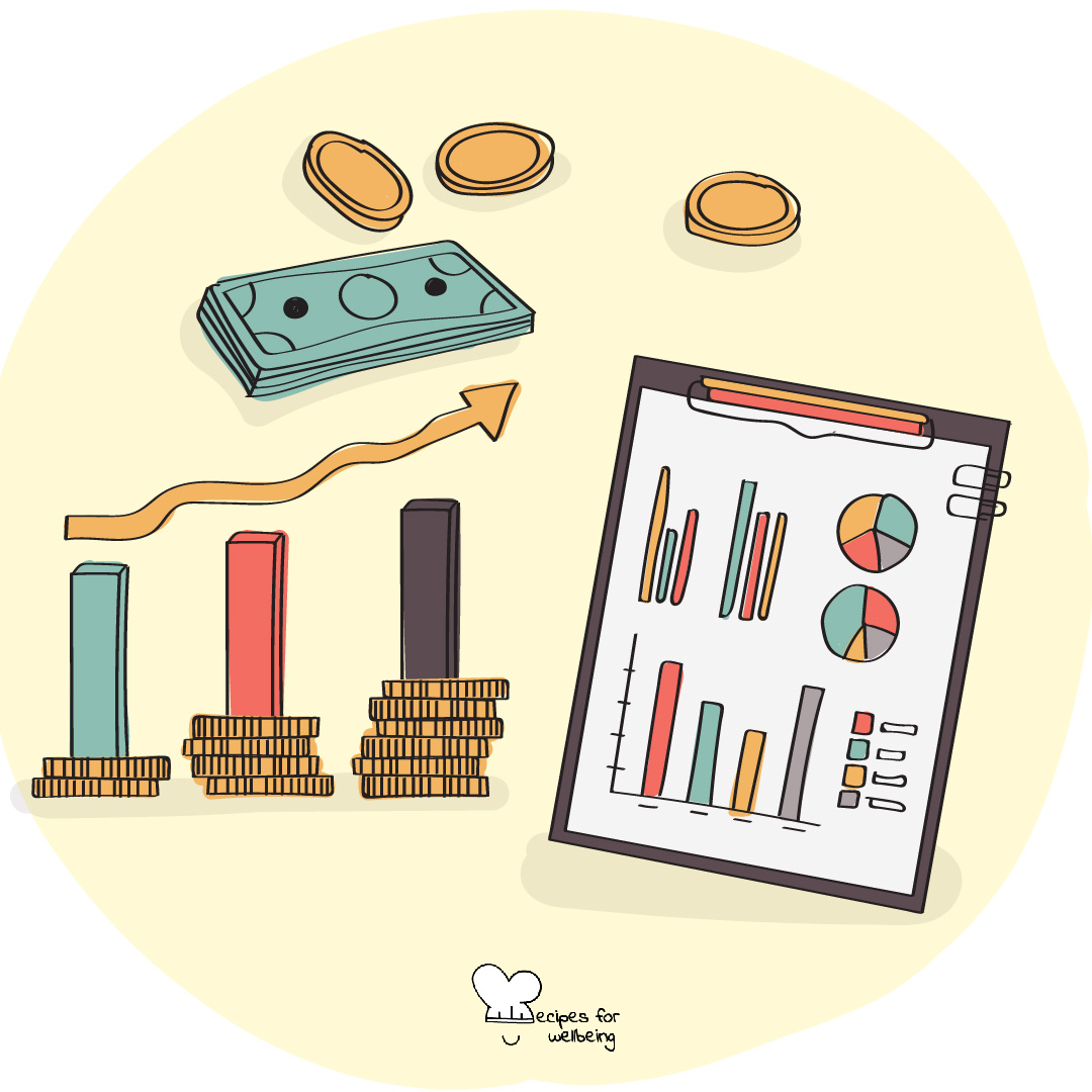 Illustration of icons connected to economics, such as banknotes and coins and a paper with various graphs and charts. © Recipes for Wellbeing