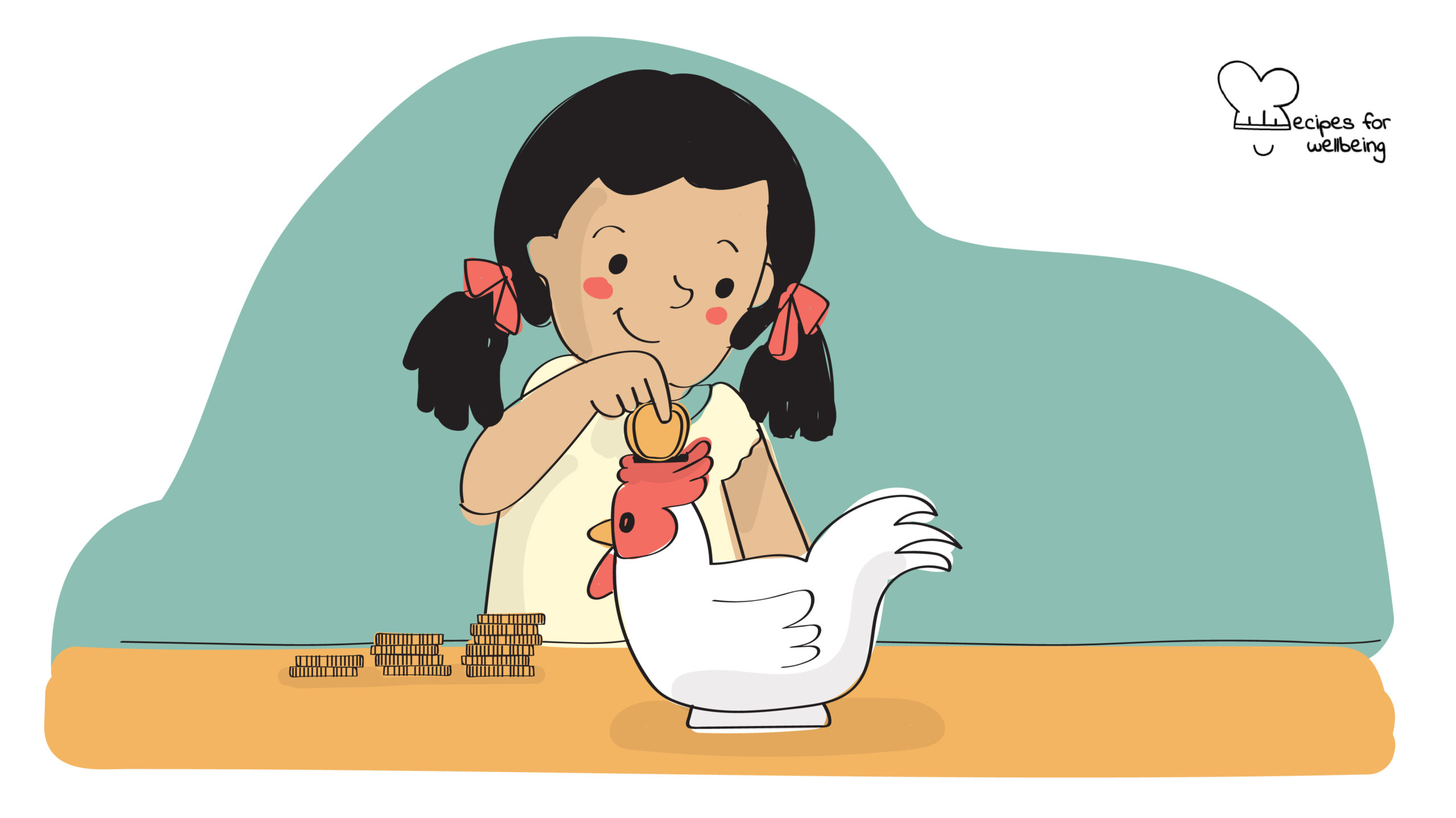 Illustration of a kid putting a coin in a piggy bank (in the shape of a chicken). © Recipes for Wellbeing