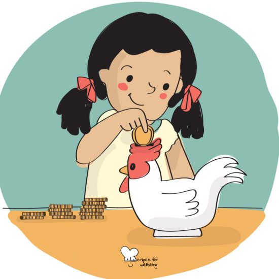 Illustration of a kid putting a coin in a piggy bank (in the shape of a chicken). © Recipes for Wellbeing