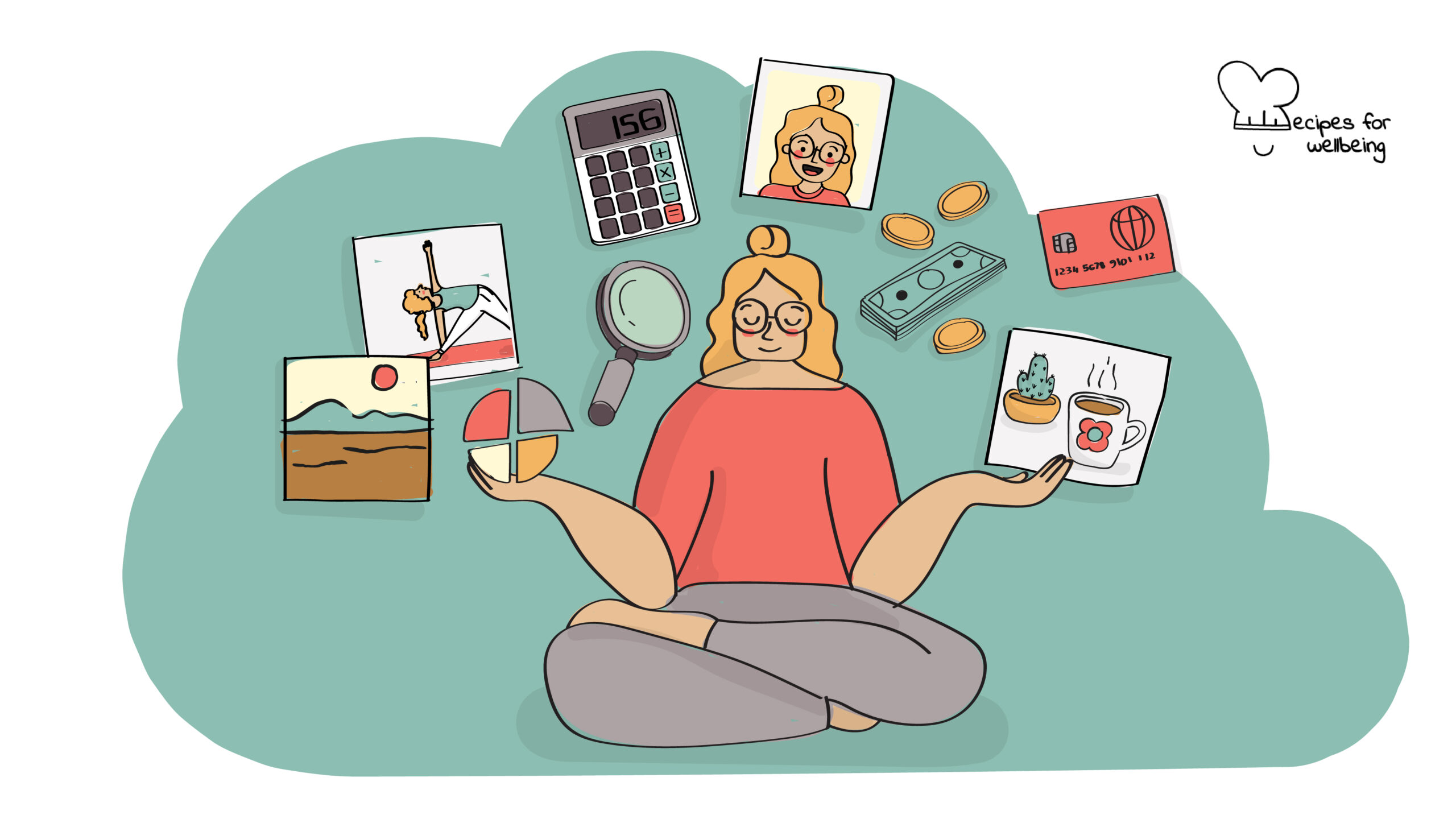 Illustration of a person surrounded by a few images of wellbeing activities (e.g. yoga, a nature landscape, a coffee mug) and financial icons (e.g. a calculator, money, a credit/debit card). © Recipes for Wellbeing