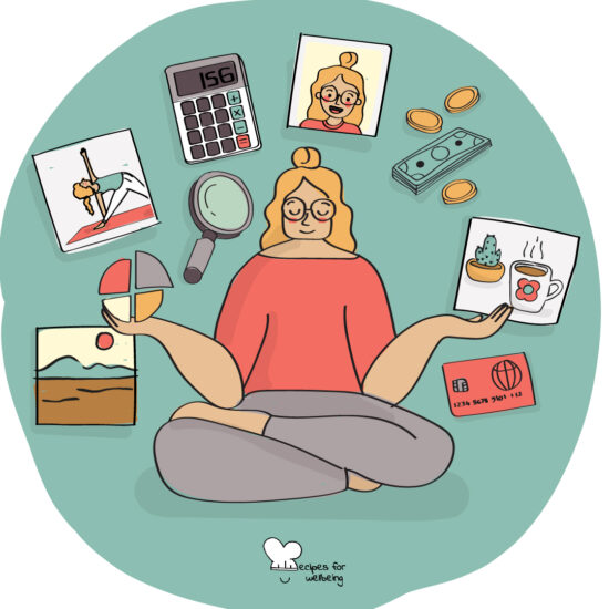 Illustration of a person surrounded by a few images of wellbeing activities (e.g. yoga, a nature landscape, a coffee mug) and financial icons (e.g. a calculator, money, a credit/debit card). © Recipes for Wellbeing