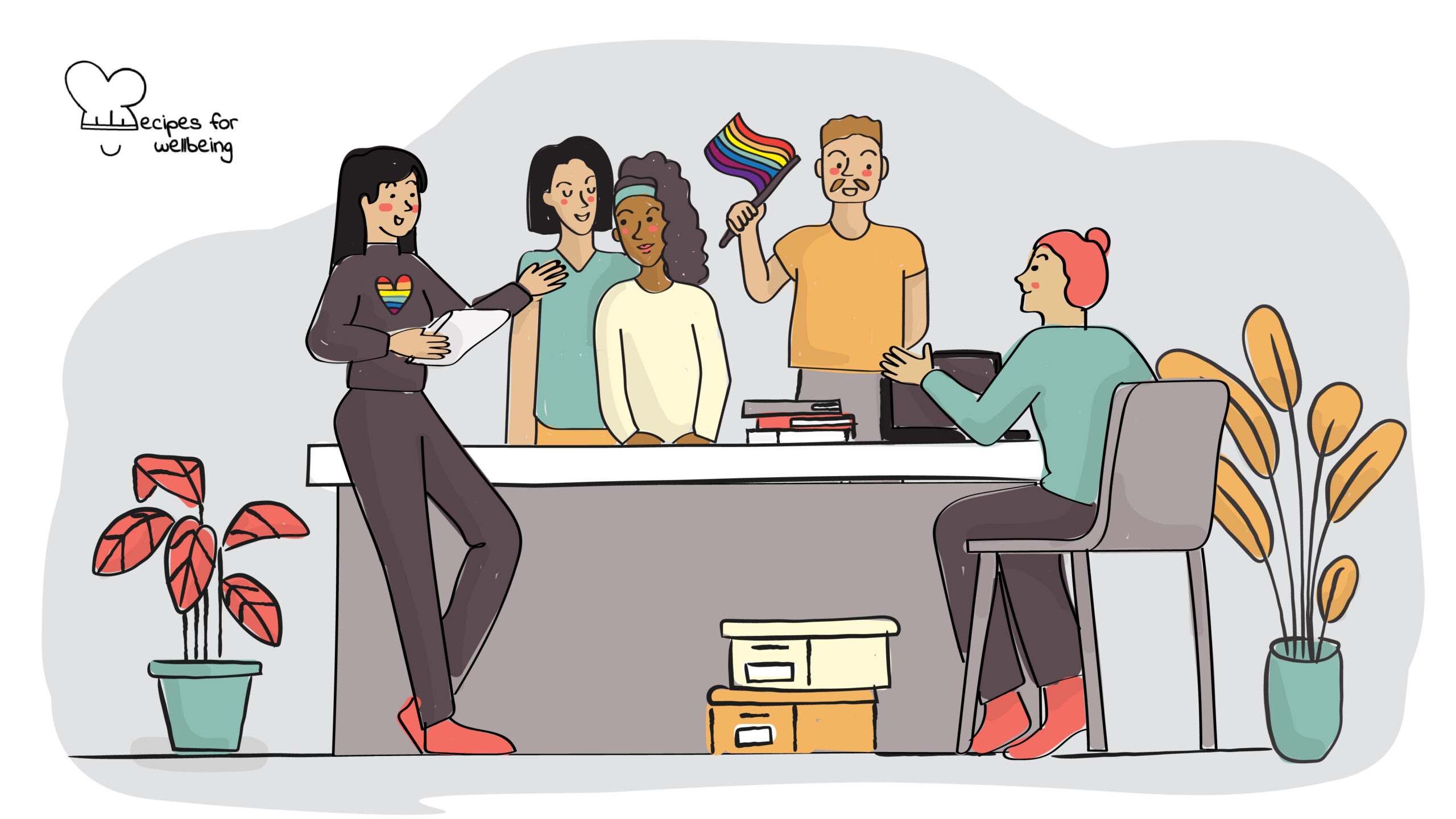 Illustration of five people sitting/standing around a table and conversing (one of them has a LBGT-heart print on their sweater and another one is weaving an LGBT flag). © Recipes for Wellbeing