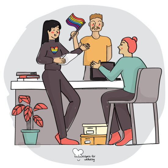 Illustration of three people sitting/standing around a table and conversing (one of them has a LBGT-heart print on their sweater and another one is weaving an LGBT flag). © Recipes for Wellbeing