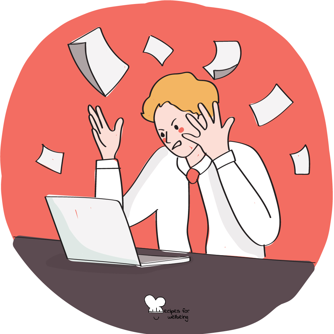 Illustration of a person sitting behind their laptop and throwing sheets of paper in the air with an upset expression. © Recipes for Wellbeing