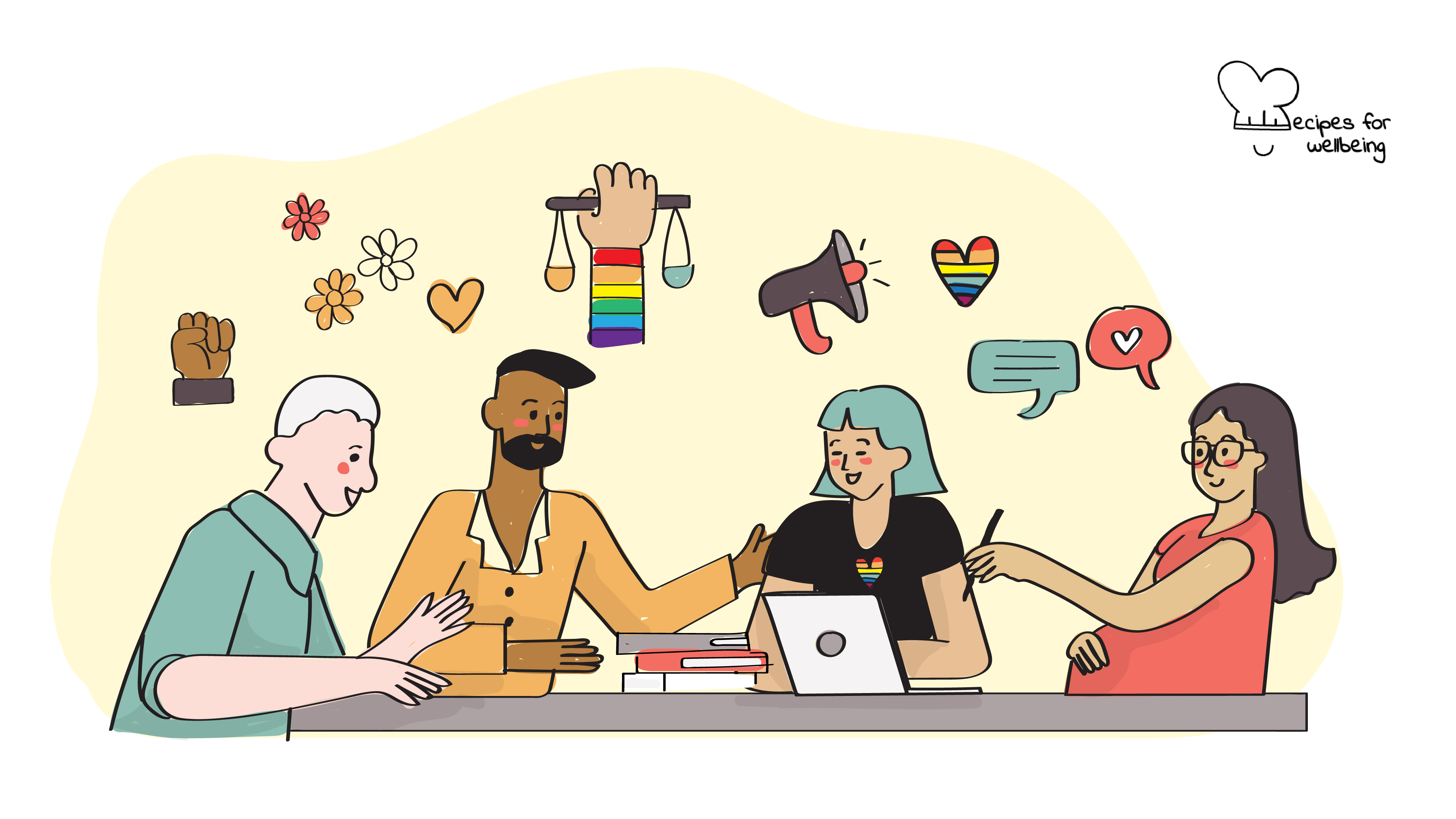 Illustration of four people sitting around a table and conversing surrounded by LGBTQIA2S+ symbols. © Recipes for Wellbeing