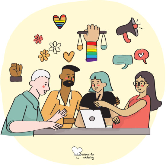 Illustration of four people sitting around a table and conversing surrounded by LGBTQIA2S+ symbols. © Recipes for Wellbeing