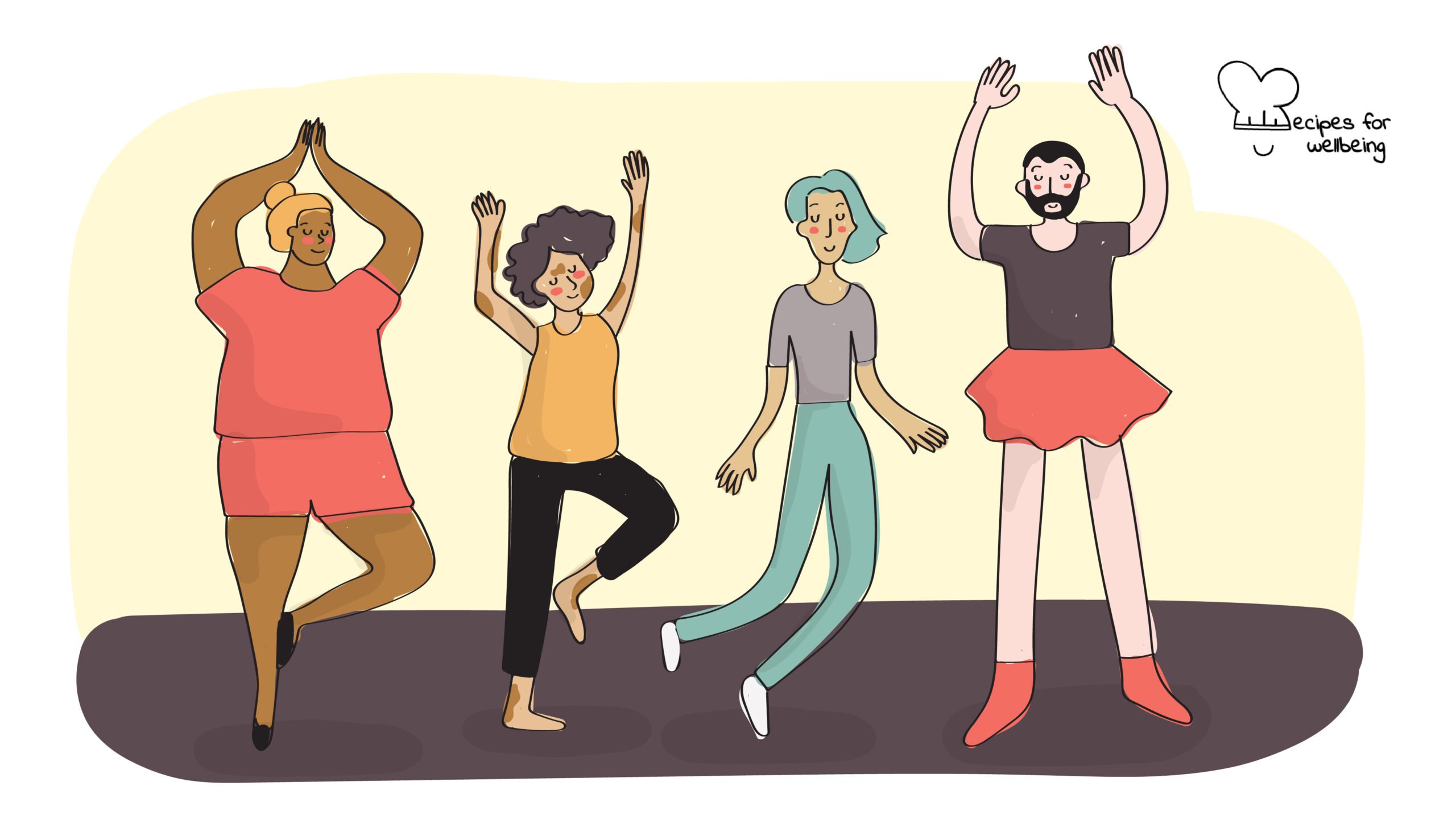 Illustration of four people doing physical exercise. © Recipes for Wellbeing