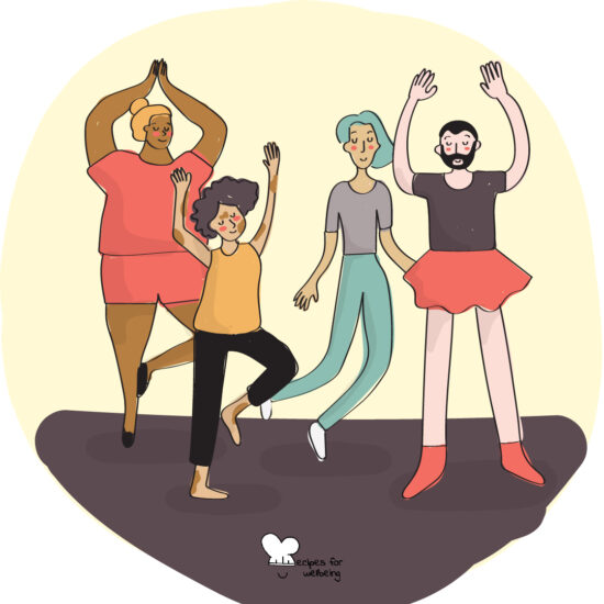Illustration of four people doing physical exercise. © Recipes for Wellbeing