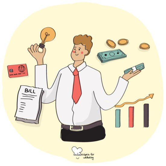 Illustration of a person surrounded by financial icons, such as banknotes, coins, a debit/credit card, a bill, etc. © Recipes for Wellbeing