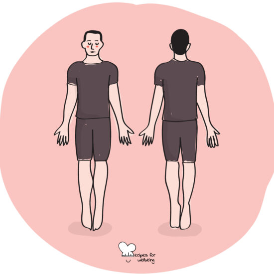 Illustration of a person standing in tadasana (mountain pose) with their eyes closed. © Recipes for Wellbeing
