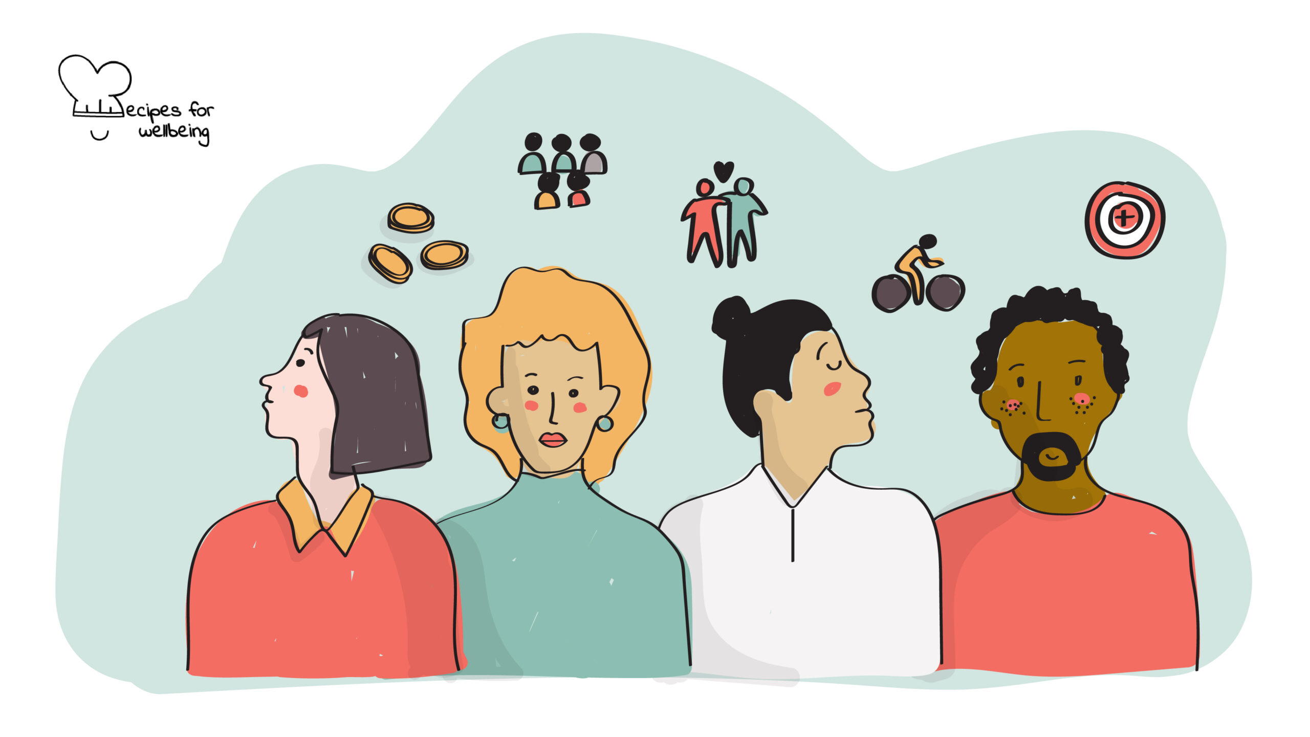 Illustration of four people surrounded by icons such as 3 coins, a target, two people hugging, a person riding a bike, and a group of people. © Recipes for Wellbeing