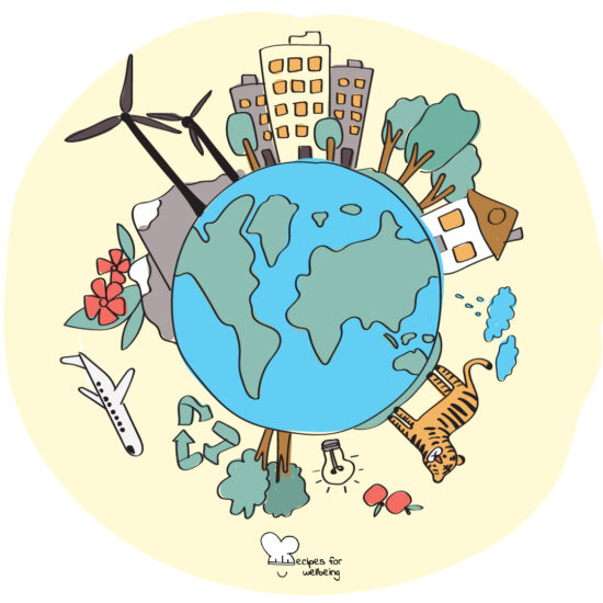 Illustration of planet Earth surrounded by icons such as 3 storey buildings, trees, a house, clouds, a tiger, 2 apples, a light bulb, the recycling symbol, a plane, flowers, mountains, and eolic turbines. © Recipes for Wellbeing