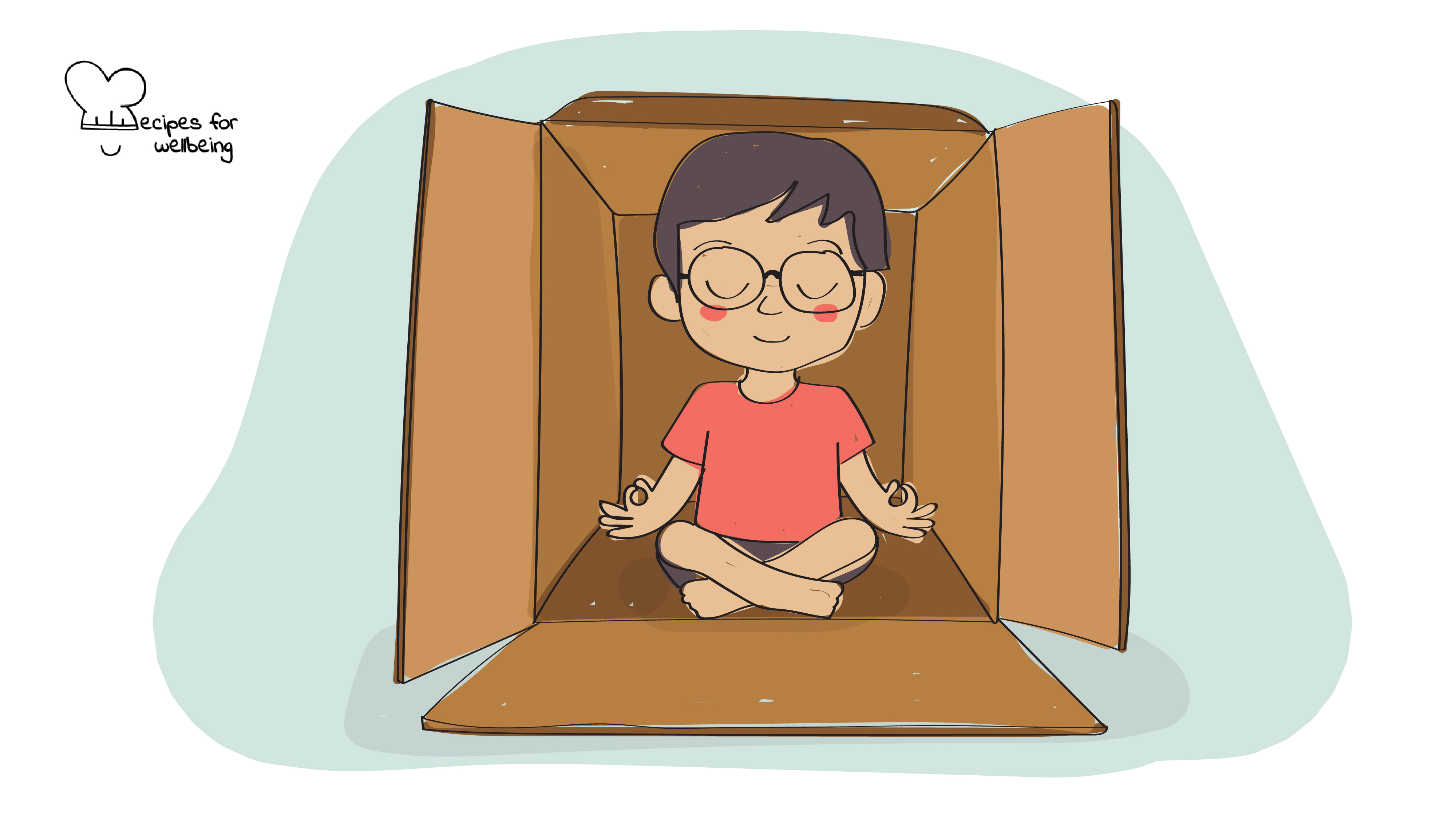 Illustration of a child sitting in a meditative pose inside a box. © Recipes for Wellbeing
