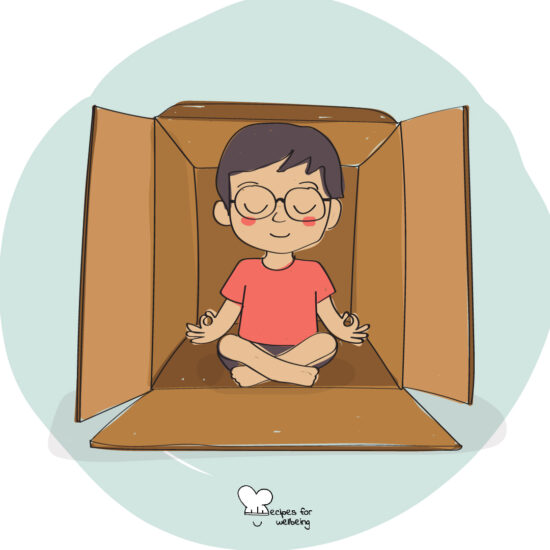 Illustration of a child sitting in a meditative pose inside a box. © Recipes for Wellbeing
