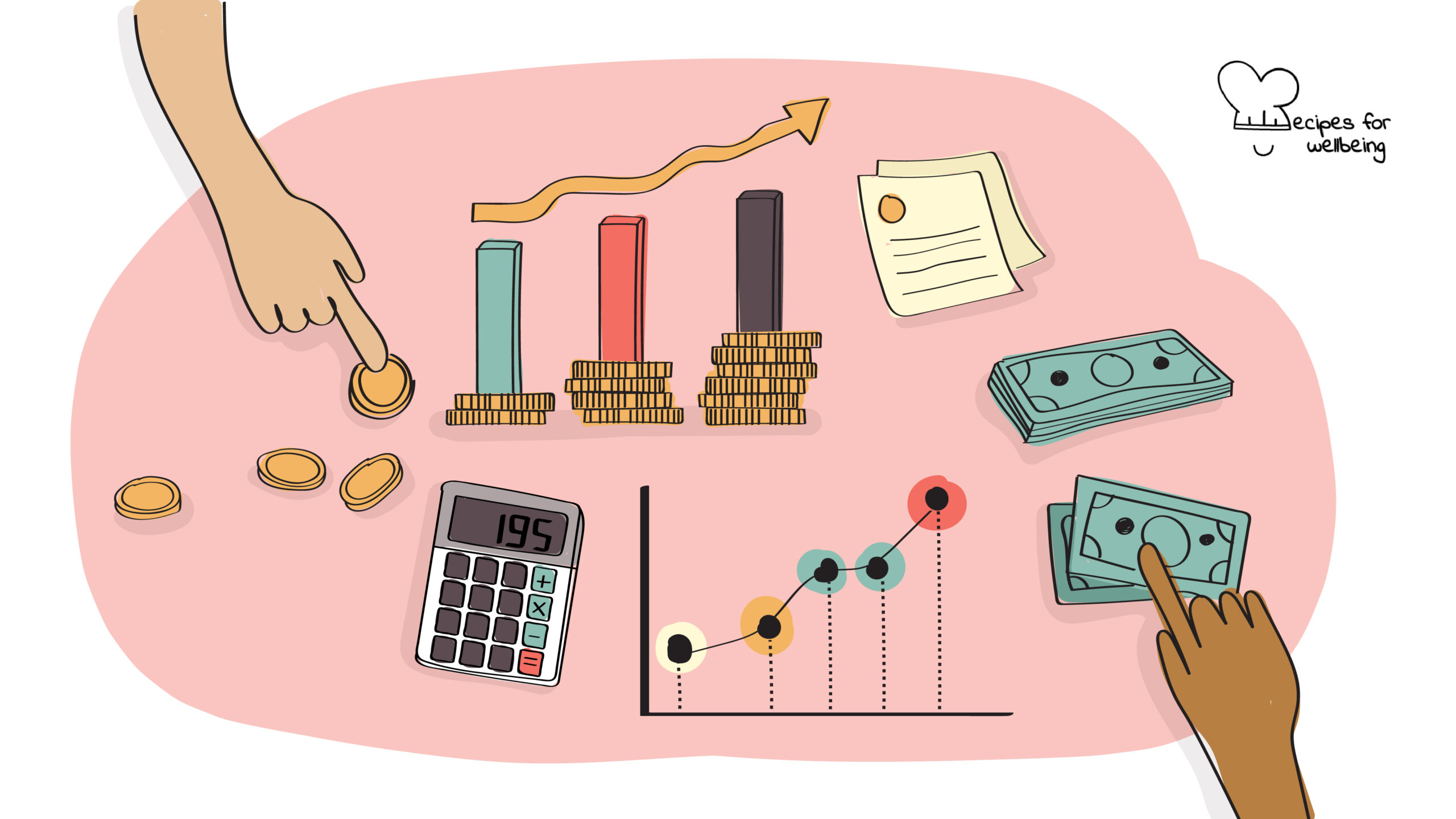 Illustration of 2 hands touching different economic icons such as coins, banknotes, a calculator, and bar charts and graphs. © Recipes for Wellbeing
