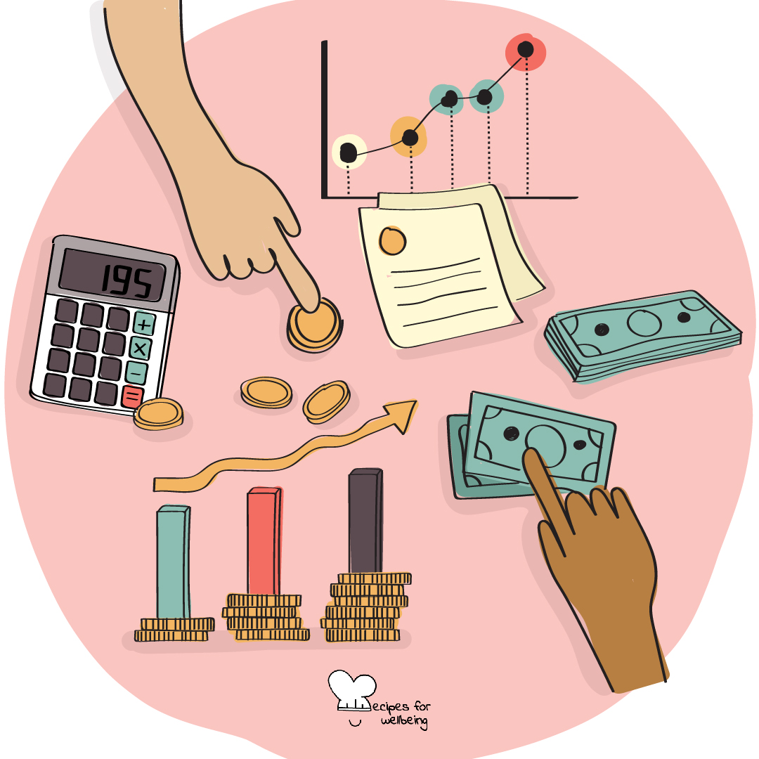 Illustration of 2 hands touching different economic icons such as coins, banknotes, a calculator, and bar charts and graphs. © Recipes for Wellbeing