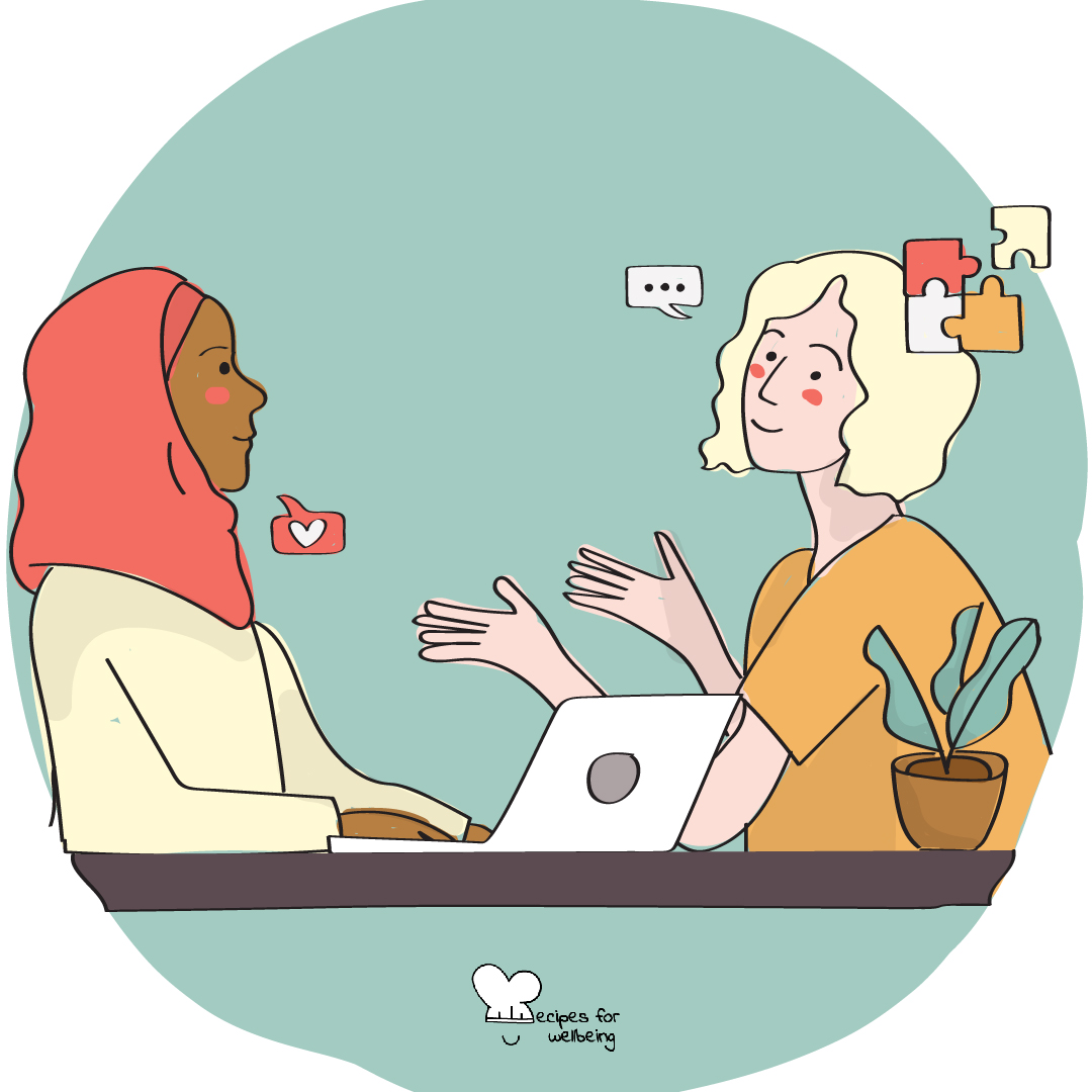 Illustration of two people talking to each other. © Recipes for Wellbeing