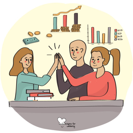 Illustration of three people high-fiving. © Recipes for Wellbeing