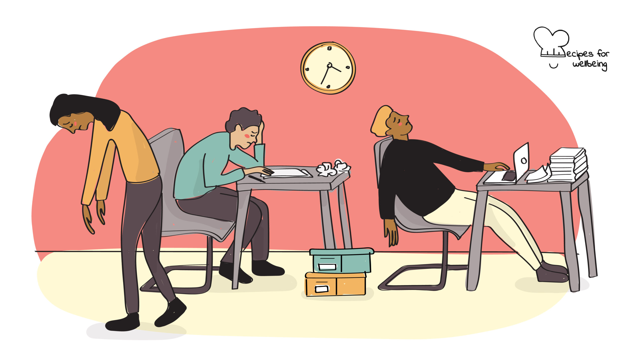 Illustration of three people in a work setting who look exhausted. © Recipes for Wellbeing