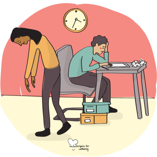 Illustration of two people in a work setting who look exhausted. © Recipes for Wellbeing