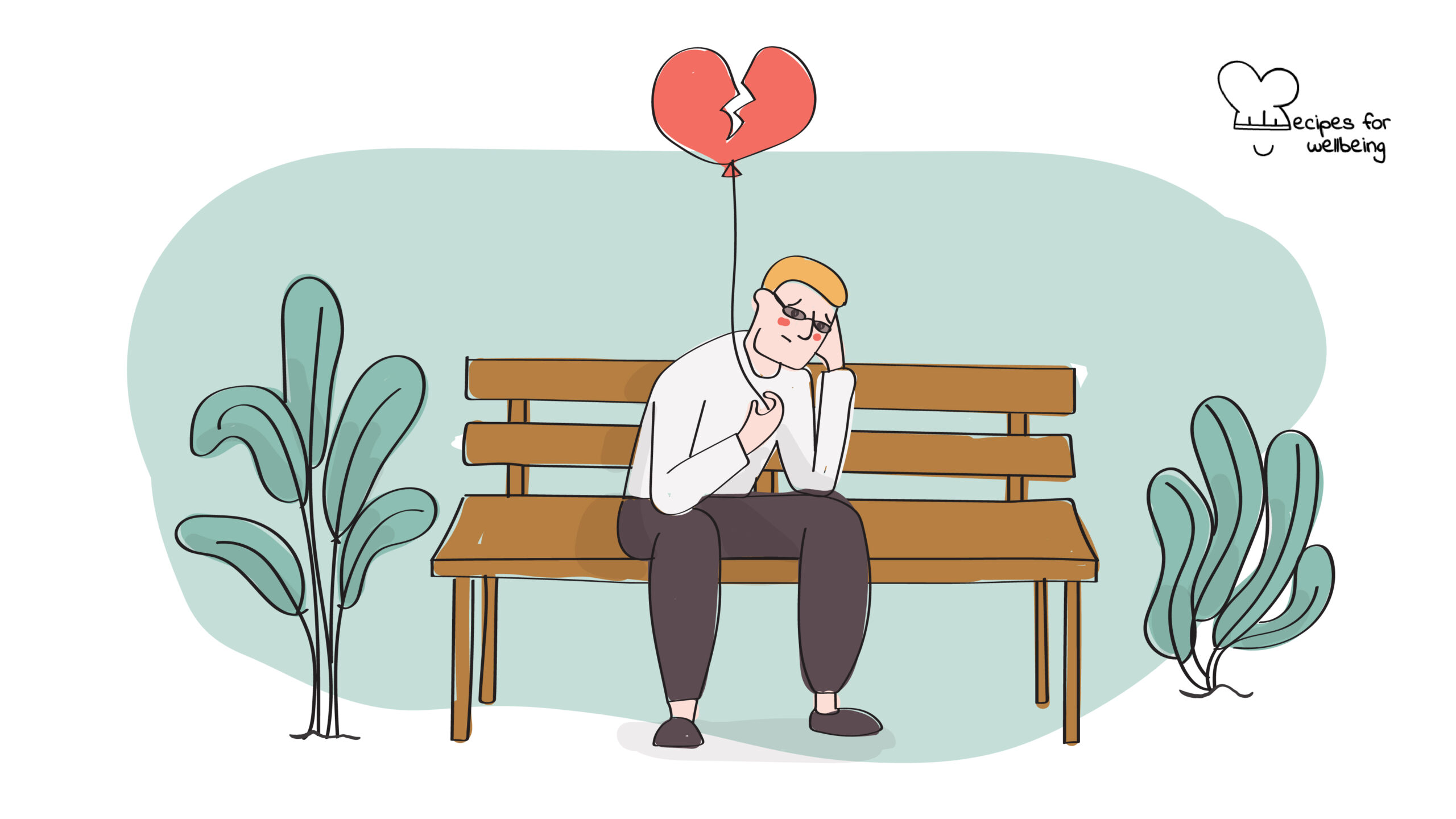 Illustration of a person with a sad expression sitting on a bench and holding a balloon in the shape of a broken heart. © Recipes for Wellbeing
