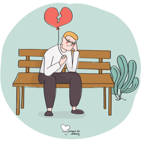 Illustration of a person with a sad expression sitting on a bench and holding a balloon in the shape of a broken heart. © Recipes for Wellbeing