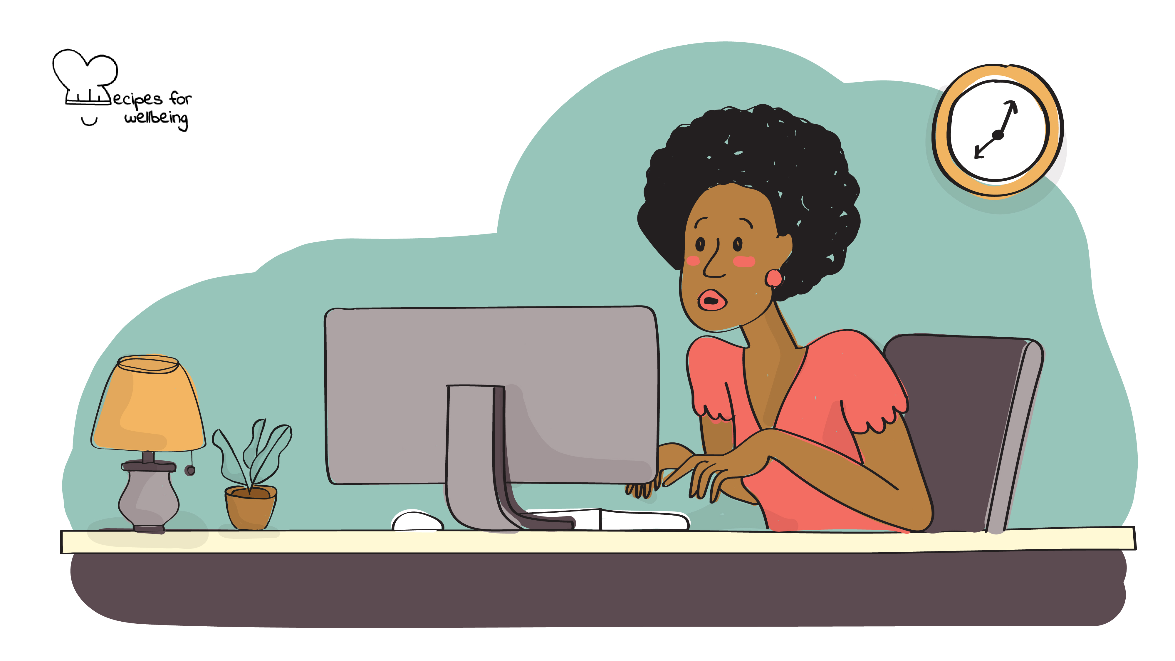 Illustration of a person working behind a PC with an overwhelmed expression. © Recipes for Wellbeing