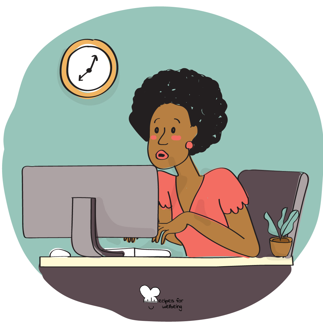 Illustration of a person working behind a PC with an overwhelmed expression. © Recipes for Wellbeing