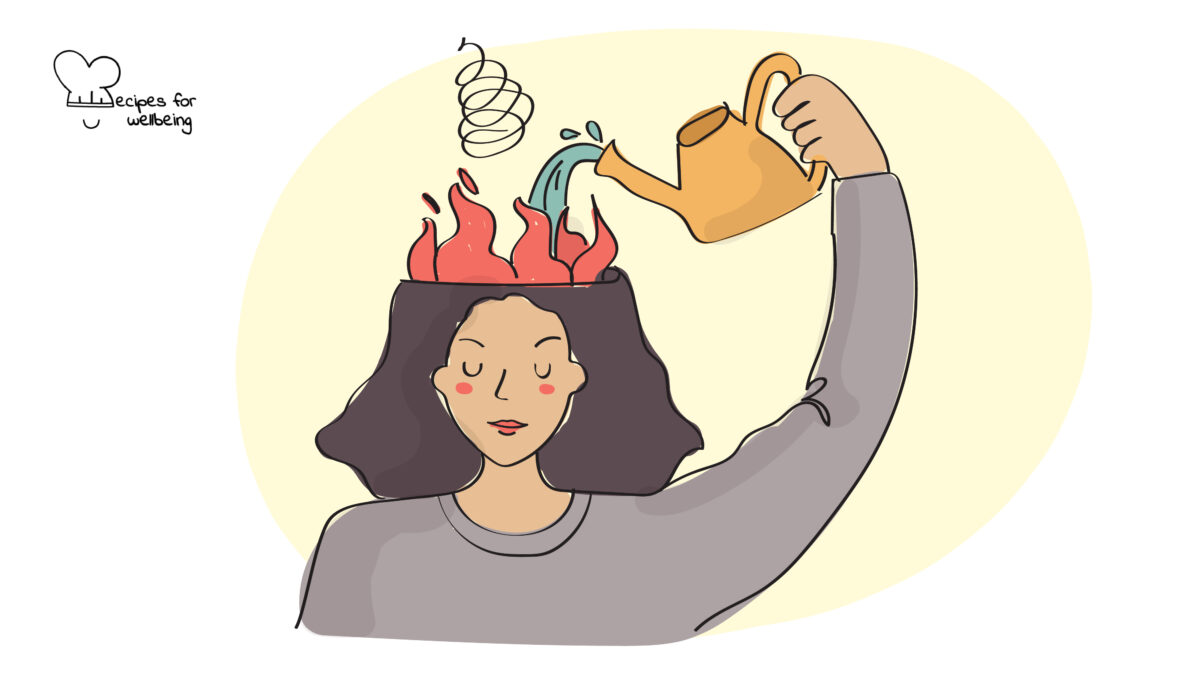 Illustration of a person pouring water to cool a fire coming out of their head. © Recipes for Wellbeing