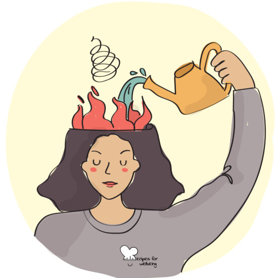Illustration of a person pouring water to cool a fire coming out of their head. © Recipes for Wellbeing