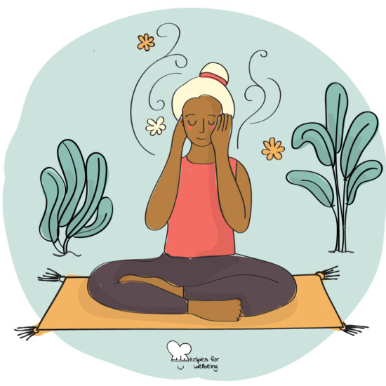 Illustration of a relaxed person sitting cross-legged on the floor with their hands to the side of their head. © Recipes for Wellbeing