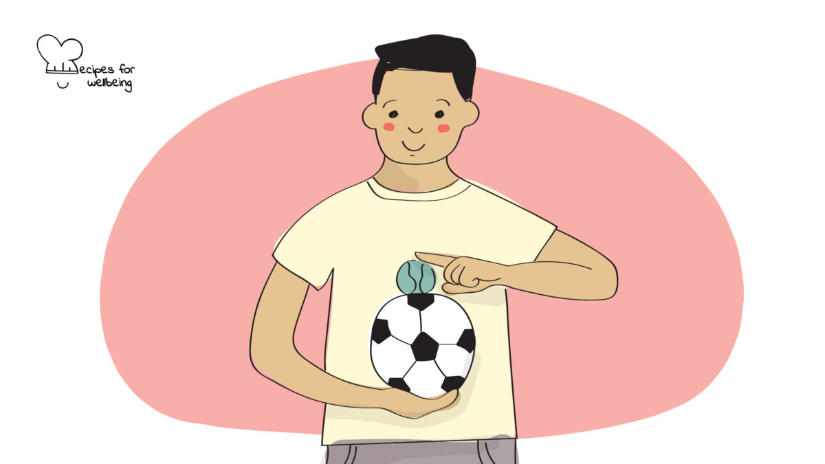 Illustration of a young person holding a football and balancing a small ball on top of the football. © Recipes for Wellbeing