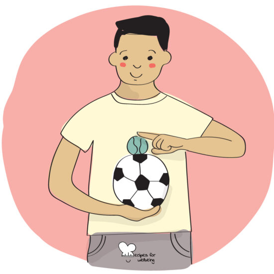 Illustration of a young person holding a football and balancing a small ball on top of the football. © Recipes for Wellbeing