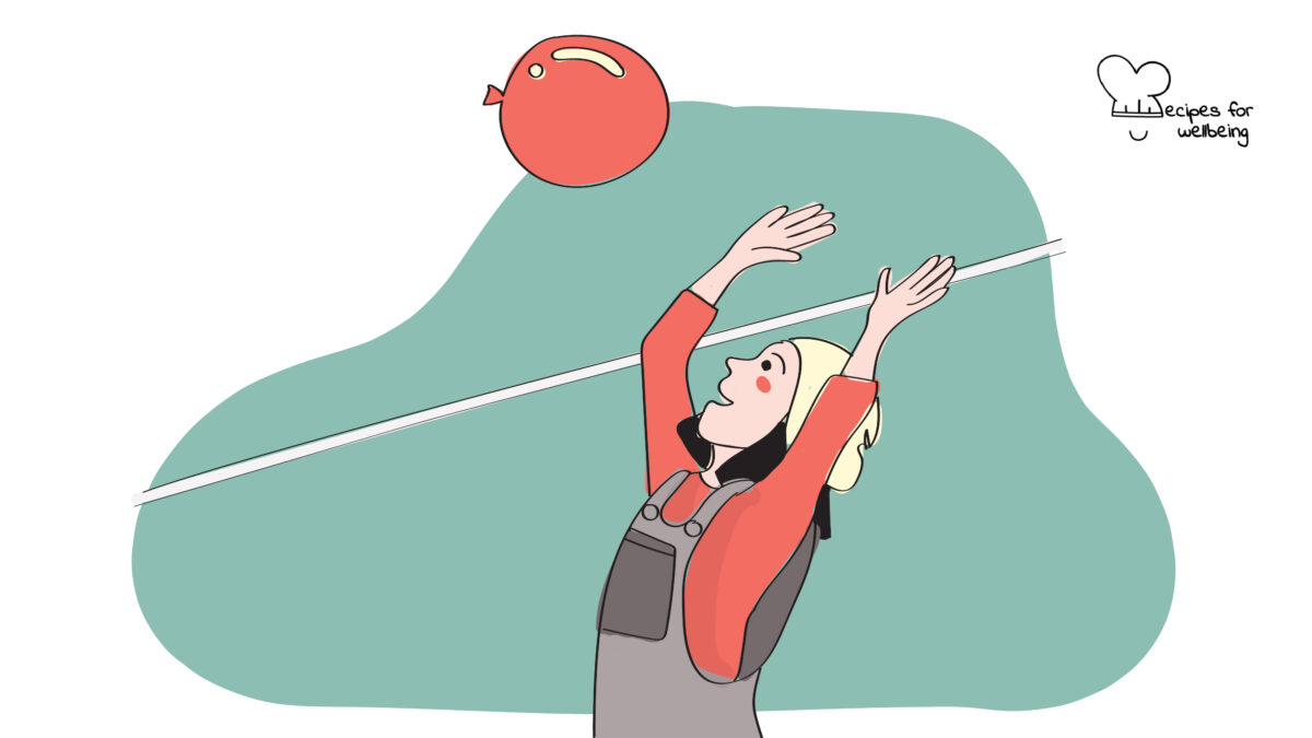 Illustration of a young person hitting a balloon over a rope. © Recipes for Wellbeing
