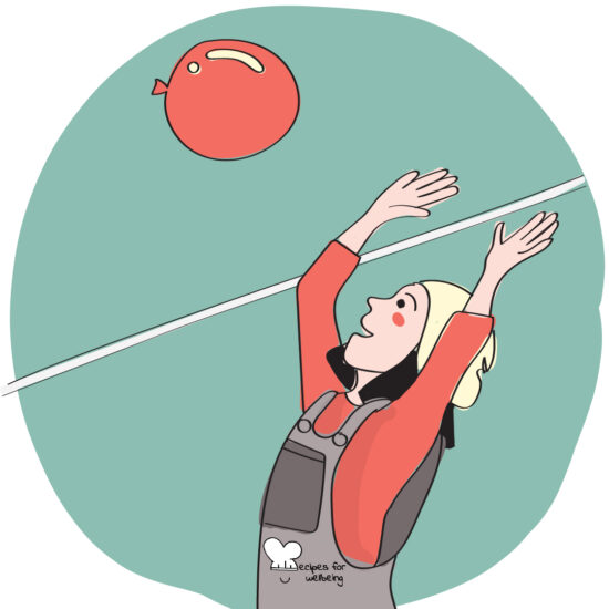 Illustration of a young person hitting a balloon over a rope. © Recipes for Wellbeing