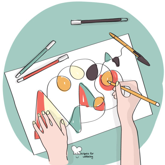 Illustration of a pair of hands colouring in the spaces created by various lines drawn on a sheet of paper. © Recipes for Wellbeing