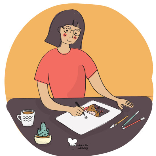 Illustration of a young person drawing on a sheet of paper. © Recipes for Wellbeing