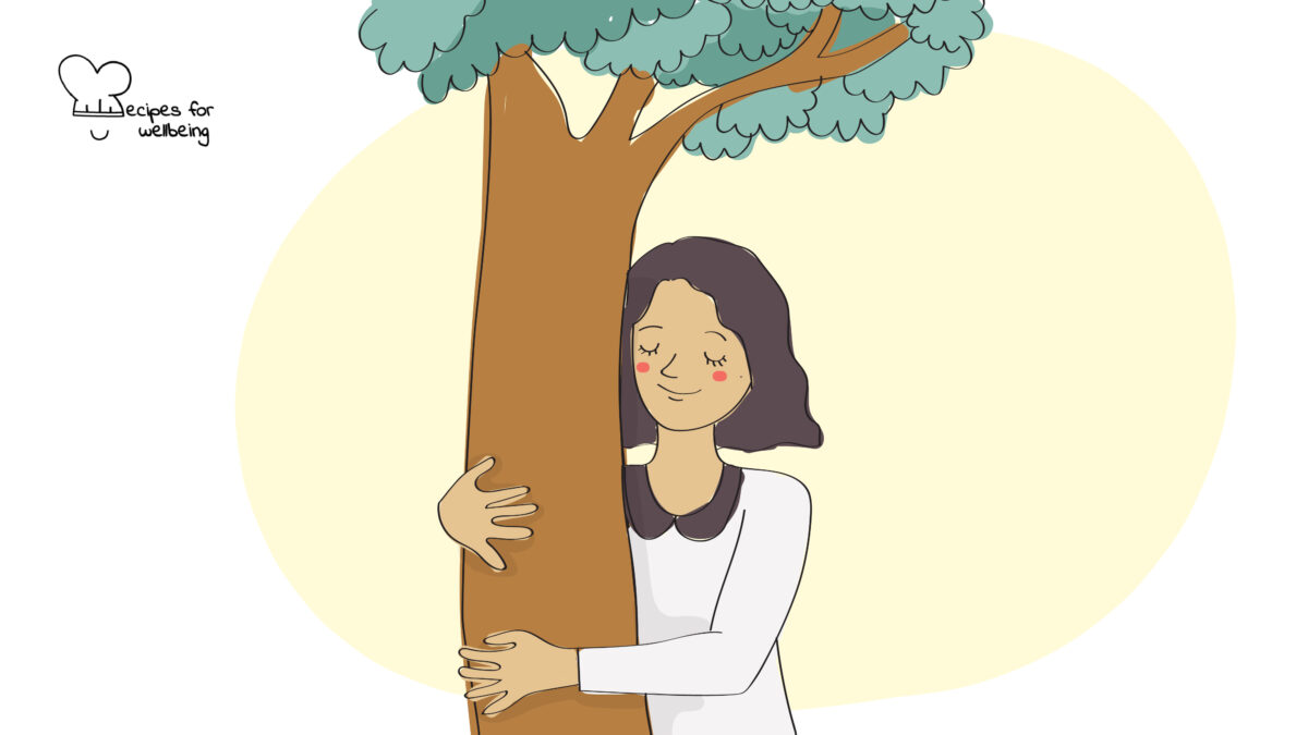 Illustration of a young person hugging a tree. © Recipes for Wellbeing