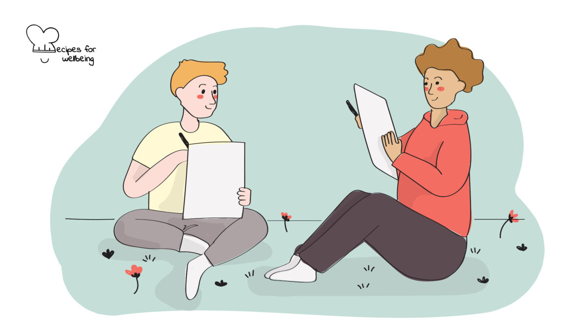 Illustration of two young people sitting in front of each other and holding a sheet of paper and a pen. © Recipes for Wellbeing