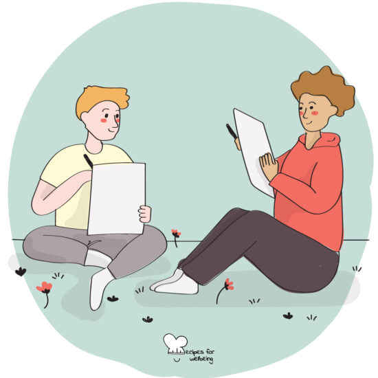Illustration of two young people sitting in front of each other and holding a sheet of paper and a pen. © Recipes for Wellbeing