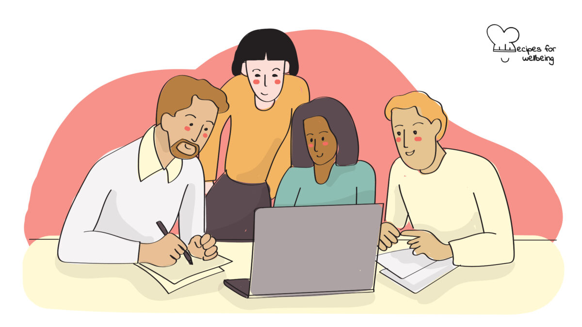 Illustration of three people working around a laptop. © Recipes for Wellbeing