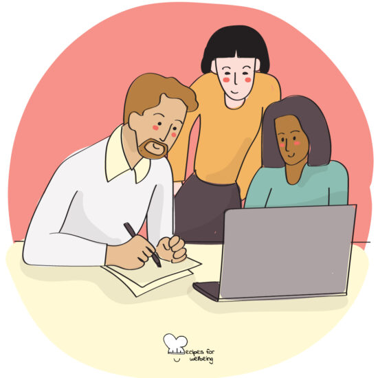 Illustration of three people working around a laptop. © Recipes for Wellbeing
