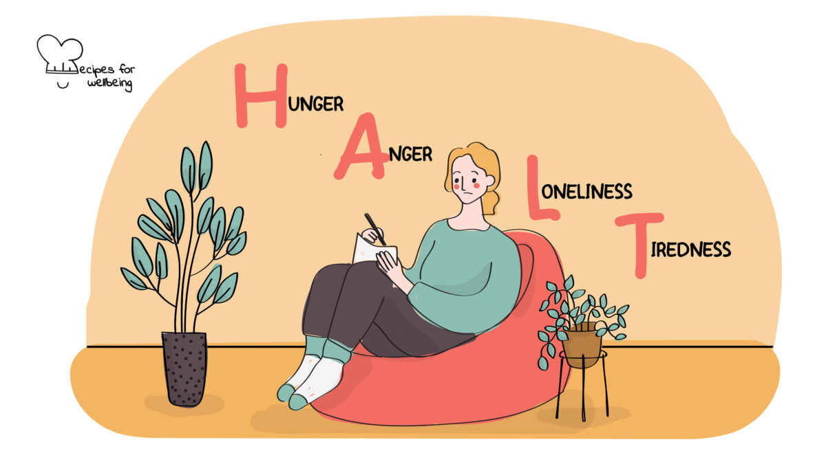 Illustration of a person sitting on a bean bag writing on a sheet of paper. © Recipes for Wellbeing