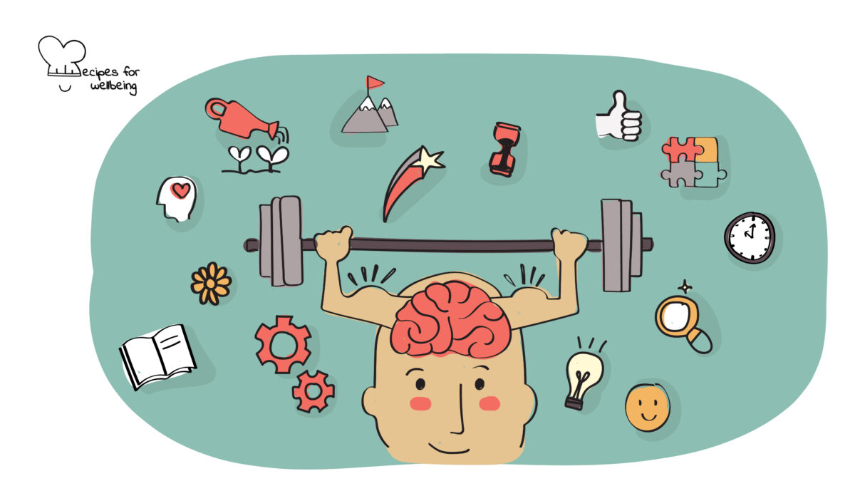 Illustration of a person's brain lifting weights and surrounded by icons such as a book, a a magnifying glass, a light bulb, 2 cogs, a flower, a mountain, a sand glass, etc. © Recipes for Wellbeing
