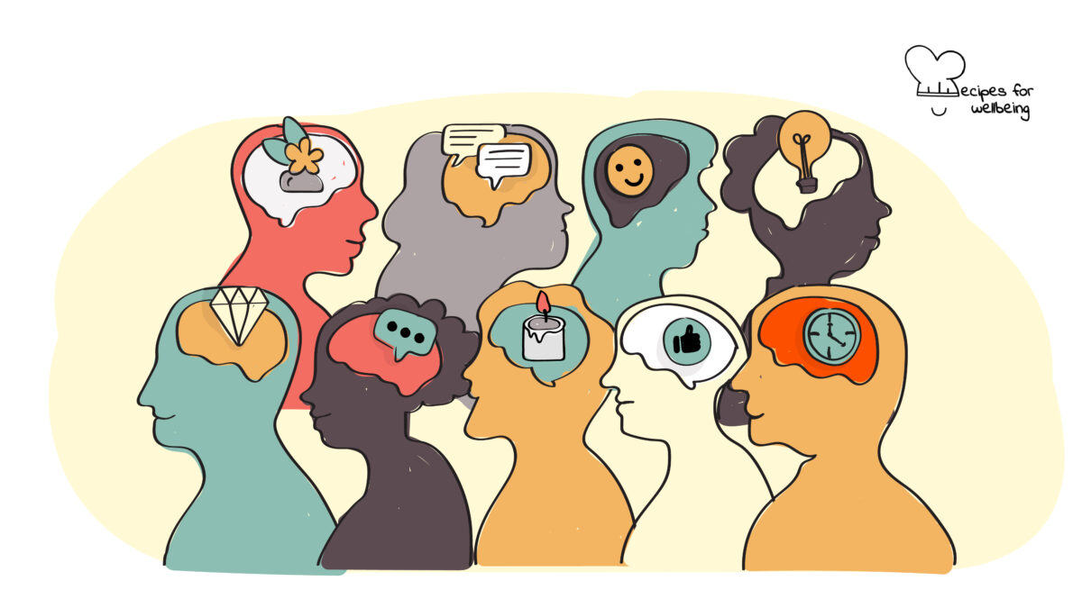 Illustration of 9 people with different icons inside their minds to symbolise differences in people's brains. © Recipes for Wellbeing