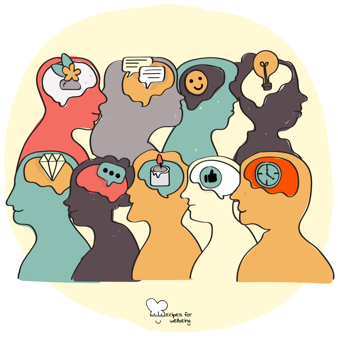Illustration of 9 people with different icons inside their minds to symbolise differences in people's brains. © Recipes for Wellbeing